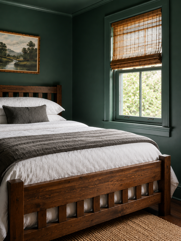 Wooden bed with white bedding next to a window with bamboo blinds in a moody forest green bedroom.