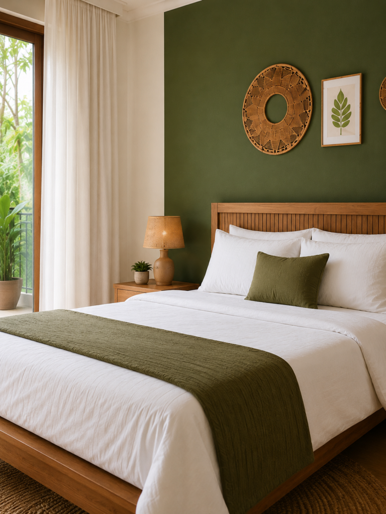 Wooden bed with white linens and an olive green runner against a dark green accent wall with decor.