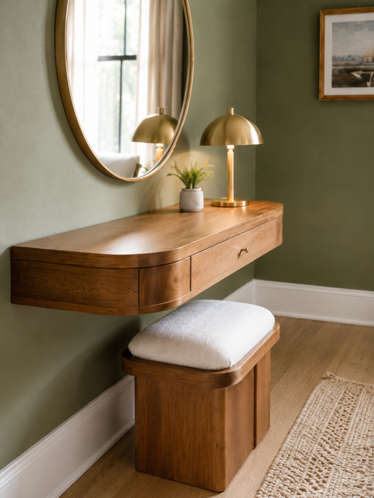 Modern wooden floating vanity table with a round gold mirror and brass lamp in a green bedroom.