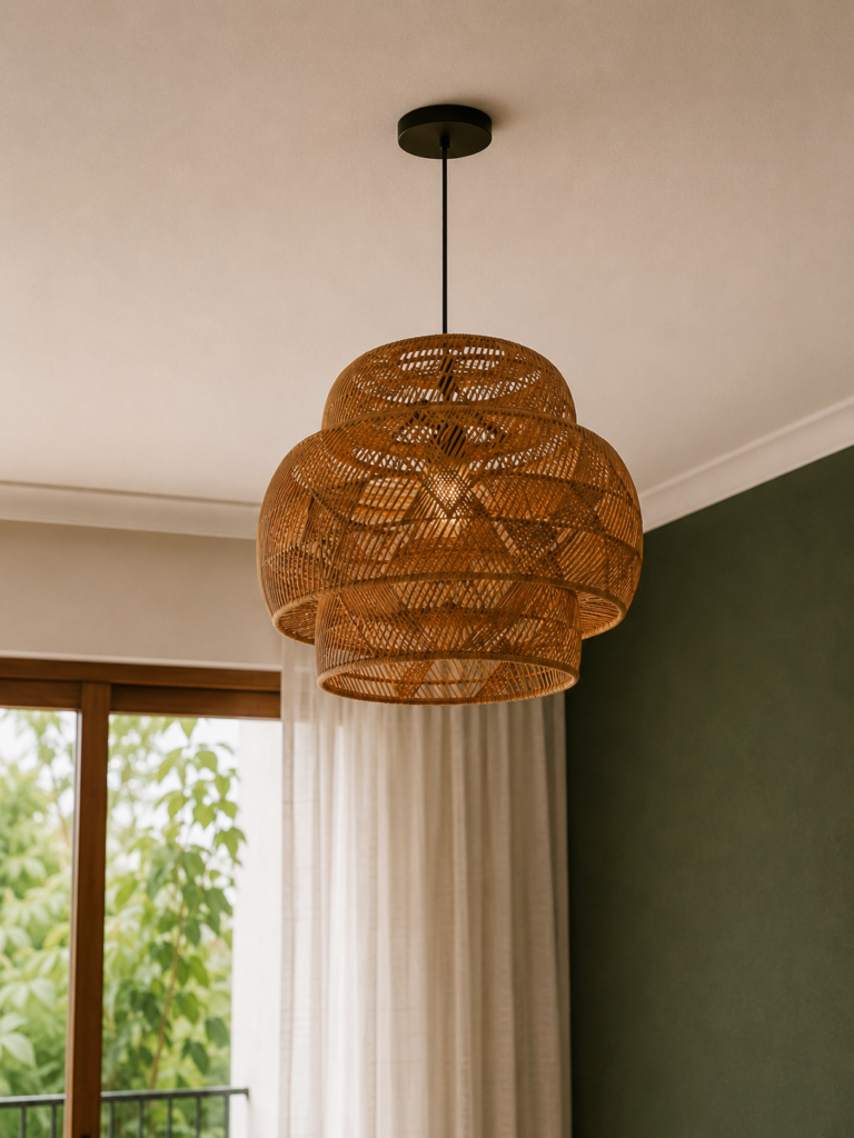 Woven rattan pendant light fixture with a tiered design hanging in a modern bohemian bedroom.