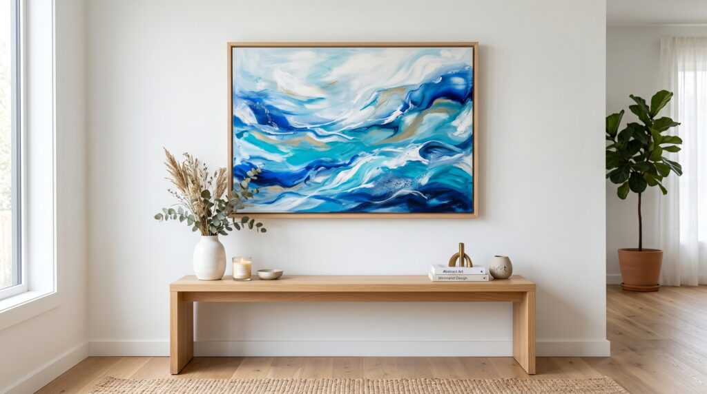 Modern nautical abstract blue painting in a wood frame above a bench for minimalist entryway wall art.