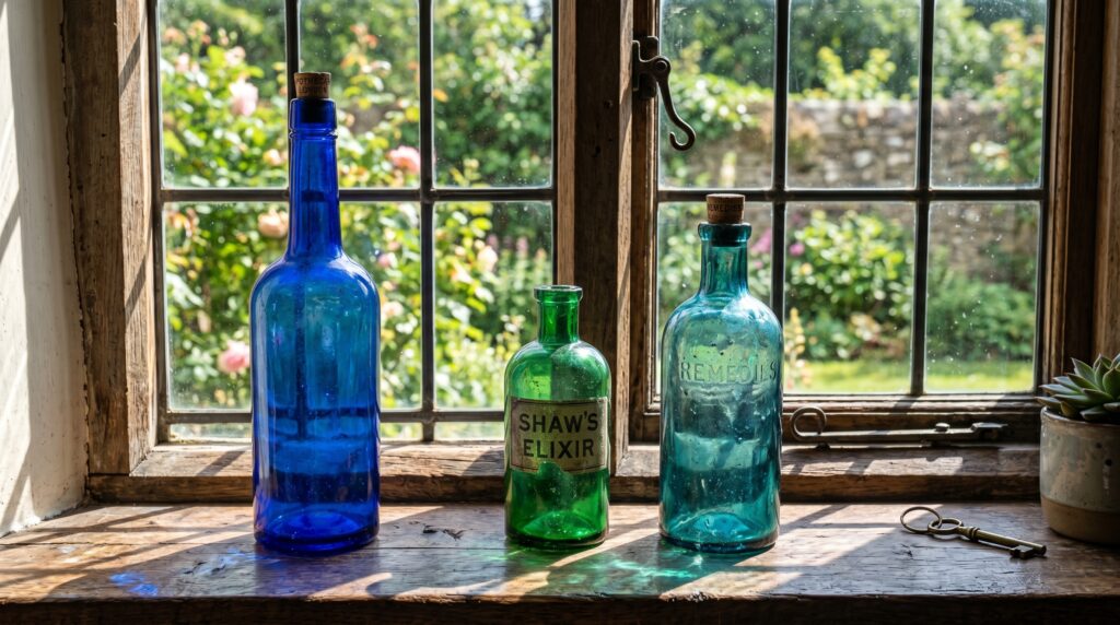 Three antique blue and green glass bottles on a sunlit wooden windowsill with a view of a lush green garden.