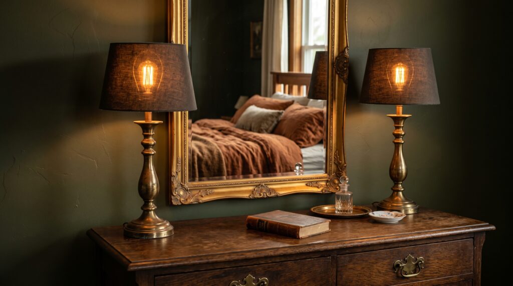 Antique wooden dresser with brass lamps and a gold mirror reflecting a rust-colored bed in a moody green bedroom.