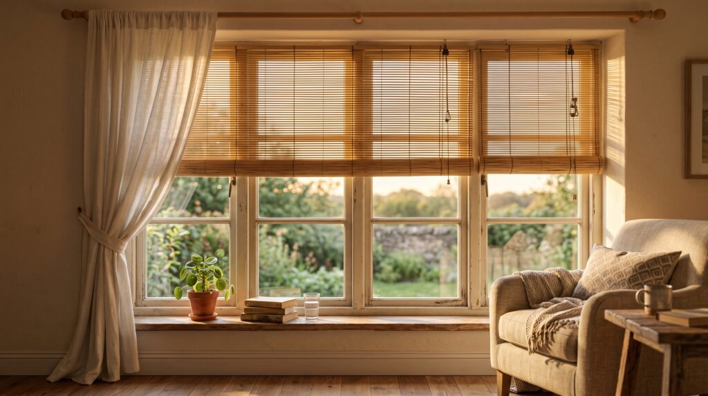 Bamboo blinds on a large window filtering golden hour sunlight in a cozy living room with a neutral armchair.