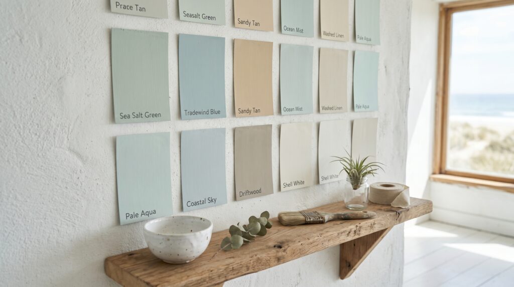 Beach house palette paint swatches showing blue and tan tones above a rustic wood shelf for interior painting ideas.
