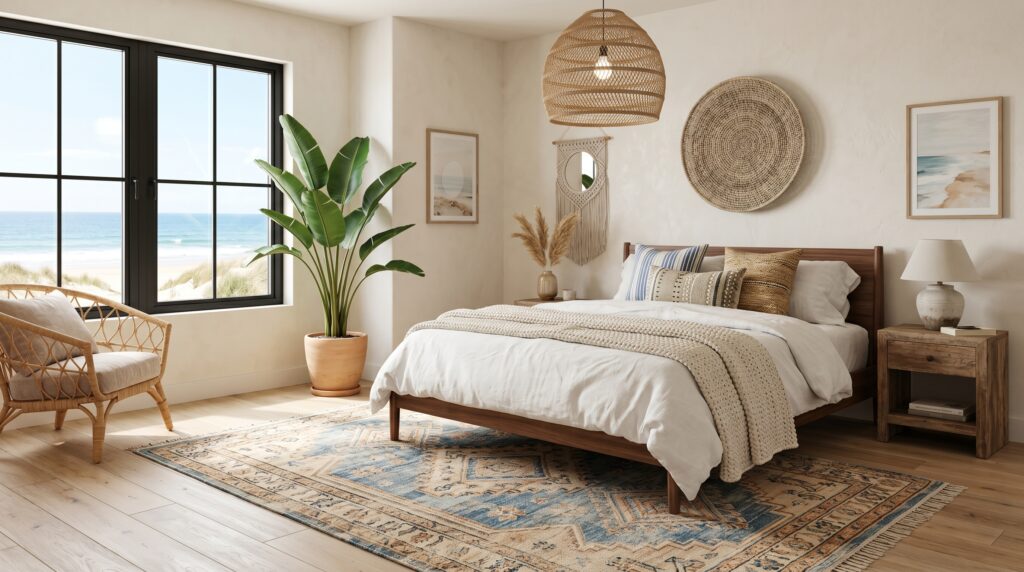 Earthy tropical beachfront bedroom featuring a large window view and woven pendant over a vintage patterned rug.