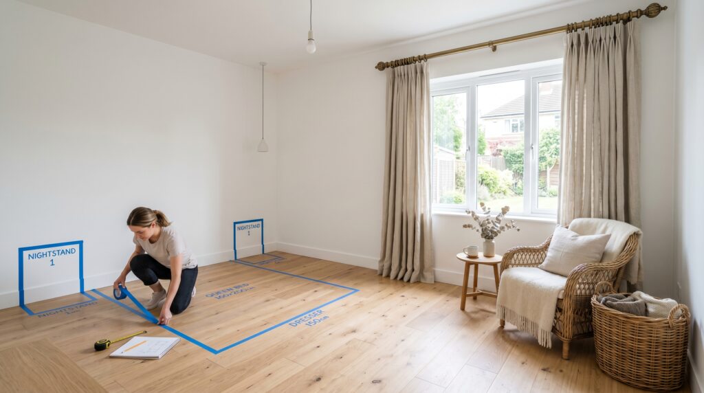 Woman using painter's tape to map out a bedroom layout on hardwood floors in a bright, modern room.