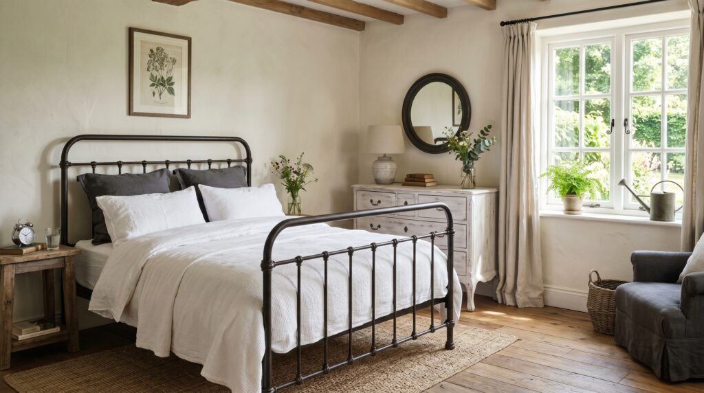 Black metal frame bed and distressed white dresser in a bright country cottage bedroom with exposed wooden ceiling beams.