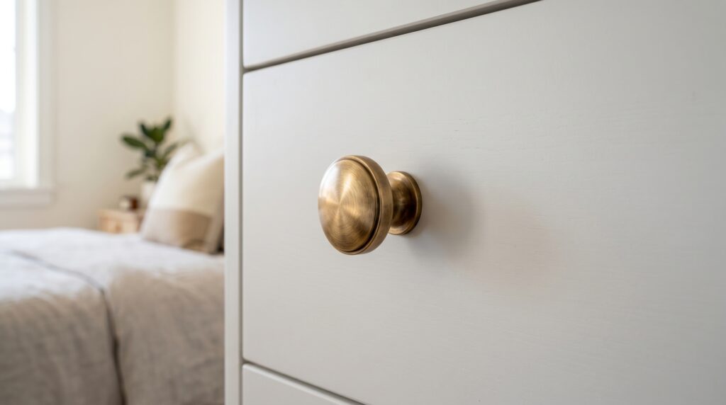 Brass drawer knob on a white dresser, vintage-inspired round hardware in a bright minimalist bedroom interior.