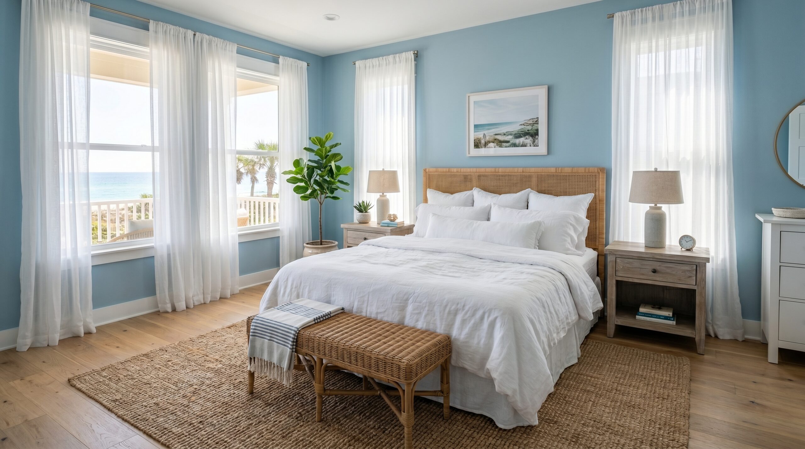 Bright airy coastal bedroom with light blue walls and a rattan headboard in a beach house interior design.