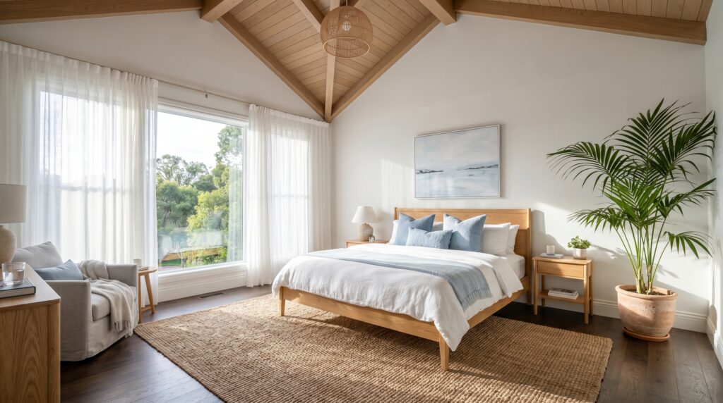 Bright and airy coastal bedroom featuring a vaulted wood ceiling and large palm plant for home decor inspiration.