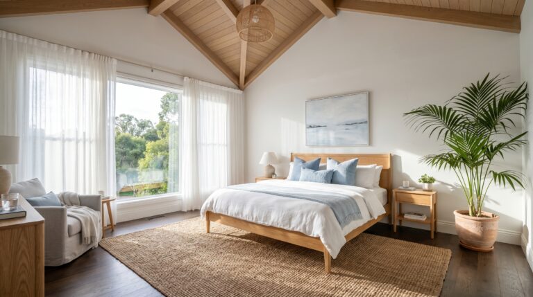 Bright and airy coastal bedroom featuring a vaulted wood ceiling and large palm plant for home decor inspiration.