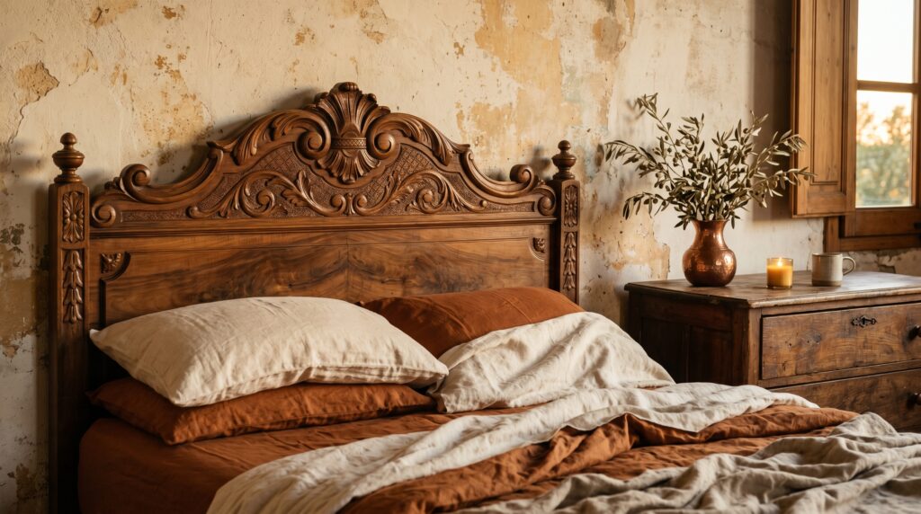 Vintage carved wooden bed frame with rust linen bedding and olive branches against a distressed plaster bedroom wall.