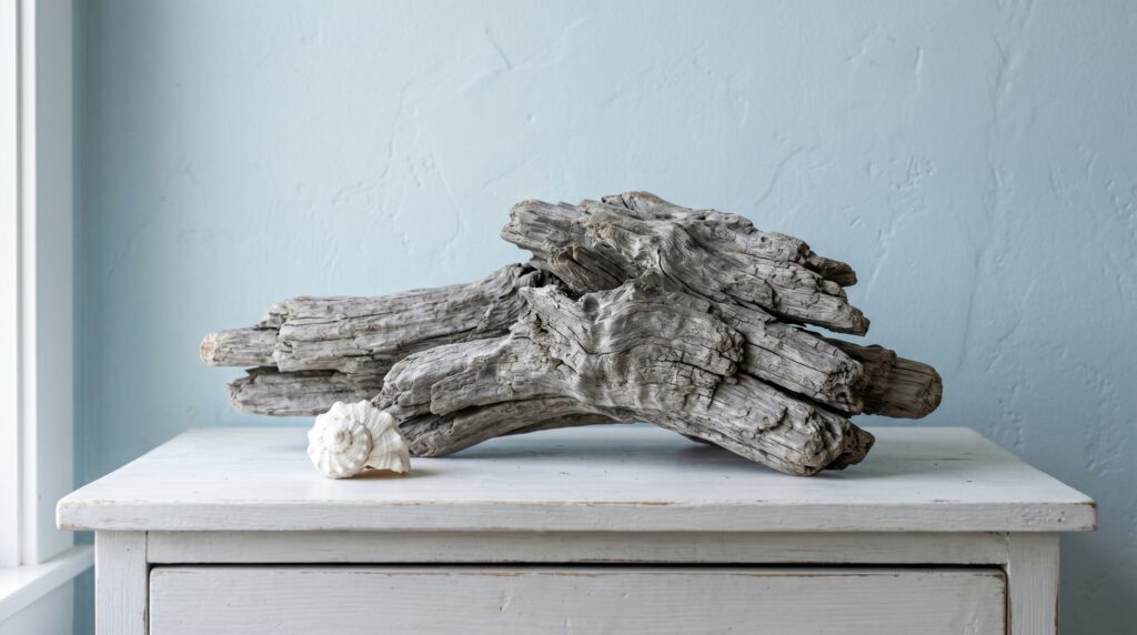 Rustic gray driftwood and seashell on a white wooden dresser, perfect seaside home decor accessories.