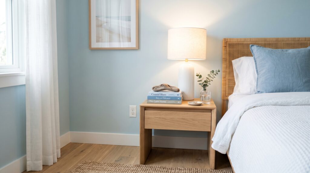 Coastal minimal wood nightstand displaying a rattan headboard and decor books inside a serene light blue bedroom.