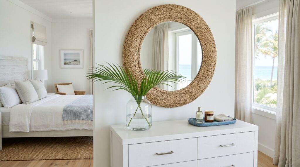 Breezy coastal white dresser styled with a round jute mirror and palm vase leading into a bright bedroom.