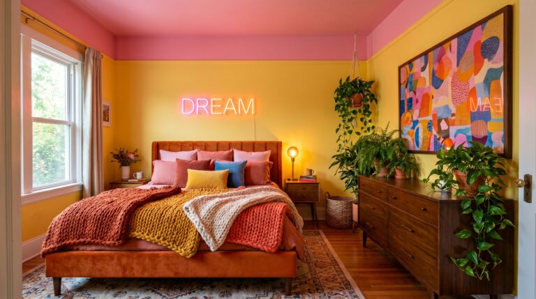 Colorful bohemian bedroom interior featuring an orange velvet bed, neon Dream sign, and layered knit blankets.