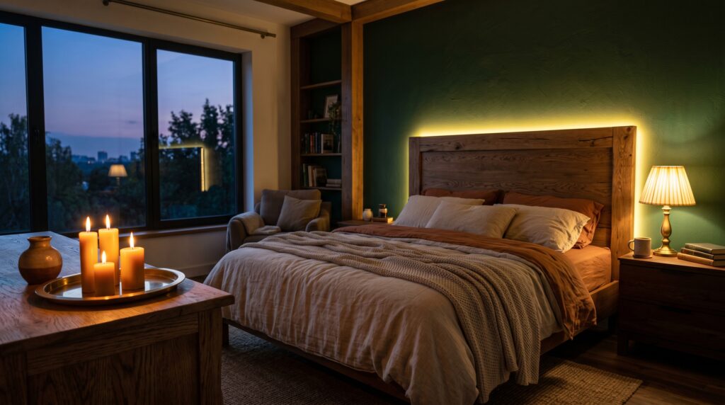 Cozy modern bedroom at dusk featuring a backlit wooden headboard, dark green wall, and warm glowing candles.