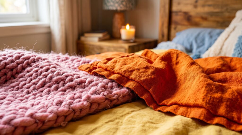 Close-up of cozy bedroom textiles showing a thick pink chunky knit blanket layered with a wrinkled orange linen throw.