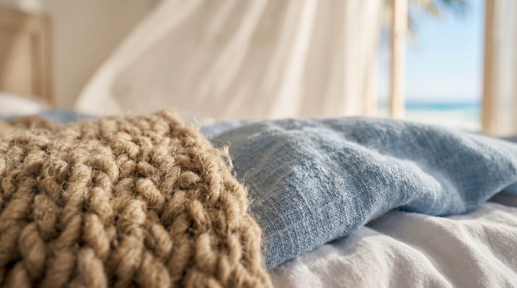 Cozy seaside textured blankets combining knit tan fabric and blue linen set against a breezy ocean window background.