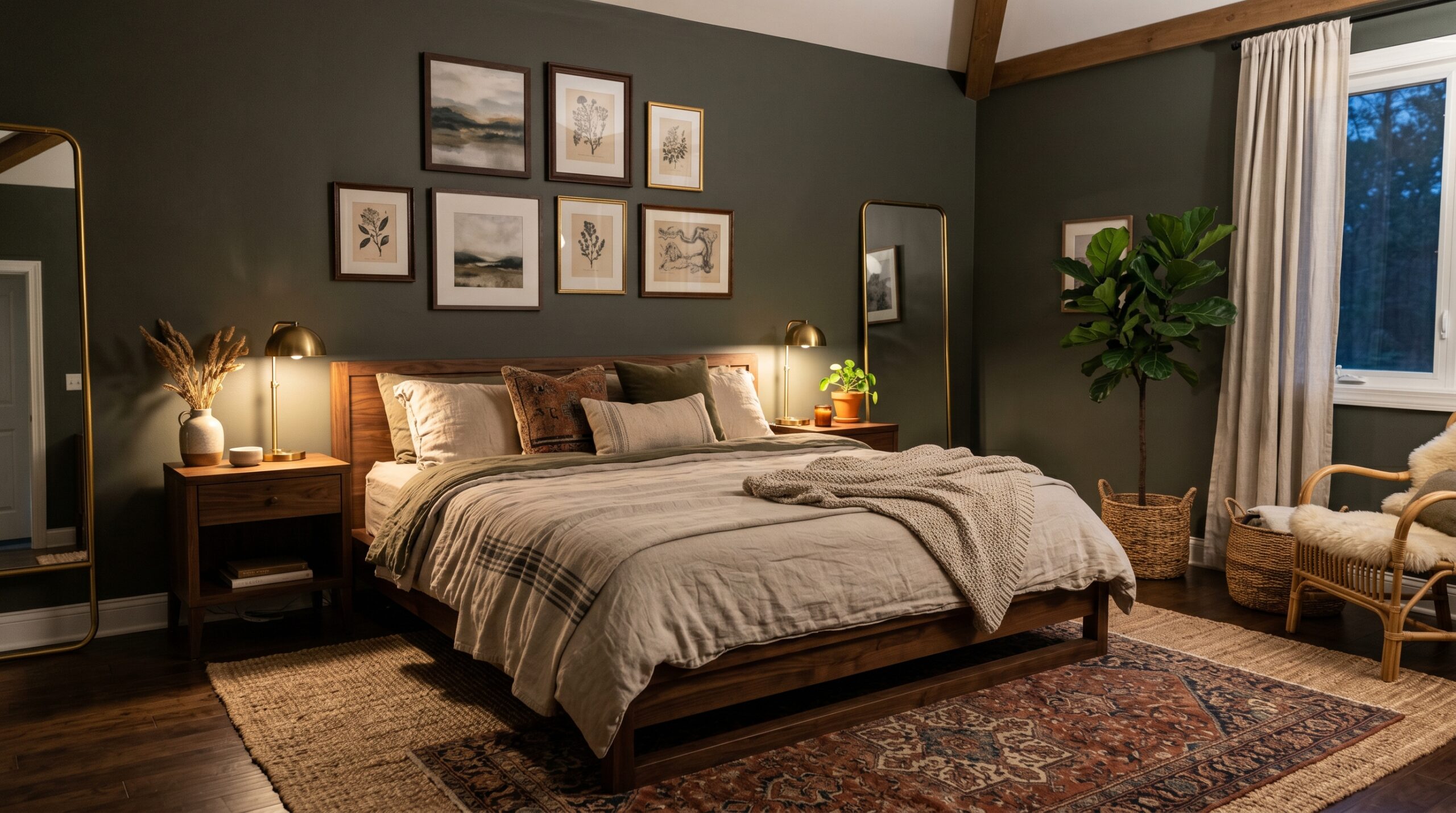 Premium bohemian bedroom with dark green walls, a wooden bed, linen bedding, and a curated gallery wall in a cozy home.