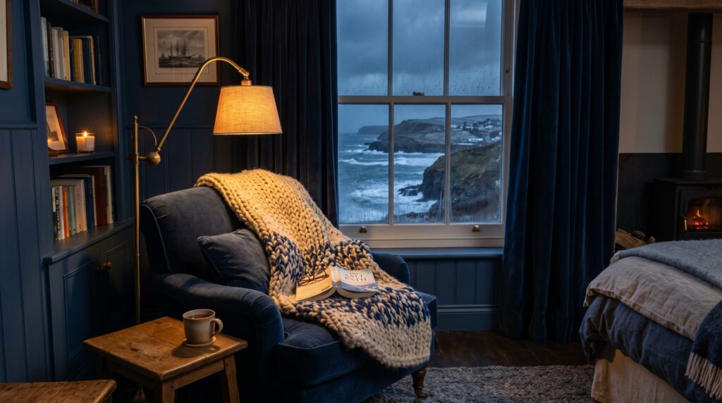 Dark moody reading nook featuring a blue armchair and warm brass lamp overlooking a stormy sea window view.
