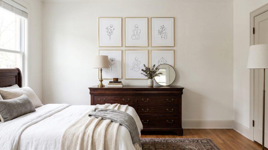 Traditional dark wood dresser styled with a modern minimal line art gallery wall in a bright transitional bedroom.