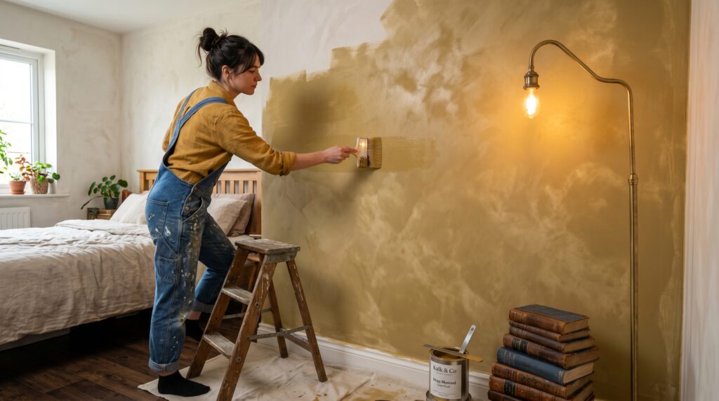 Woman in overalls painting a bedroom wall with mustard yellow lime wash paint during a DIY home interior renovation.