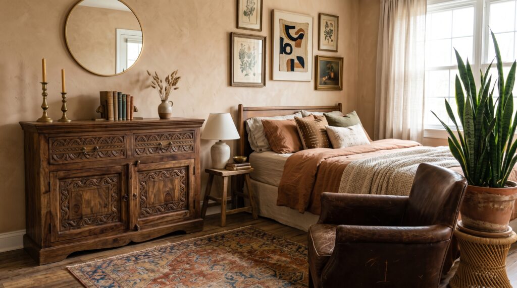 Earthy bohemian bedroom featuring plaster walls, a carved wood dresser, rust linen bedding, and a vintage leather chair.