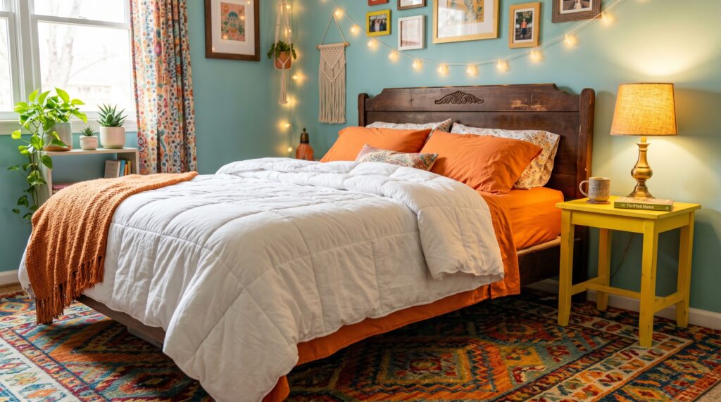 Cozy eclectic bedroom interior with teal walls, a vintage wooden bed with orange bedding, and warm string lights.