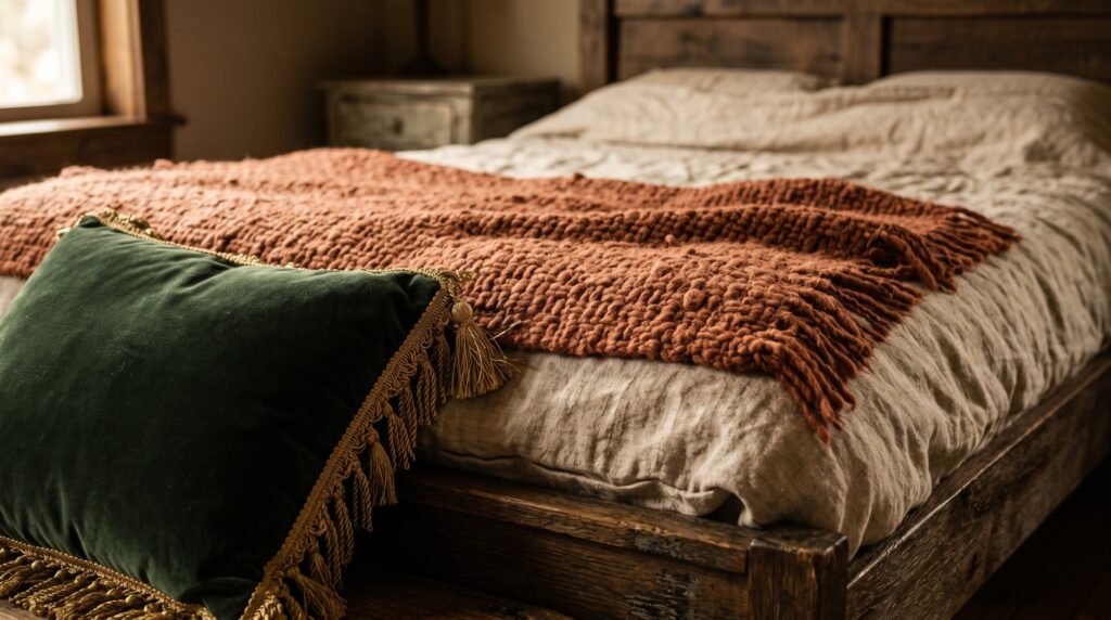 Cozy rustic bedding featuring a green velvet fringed pillow and a chunky rust knit blanket on a reclaimed wood bed.