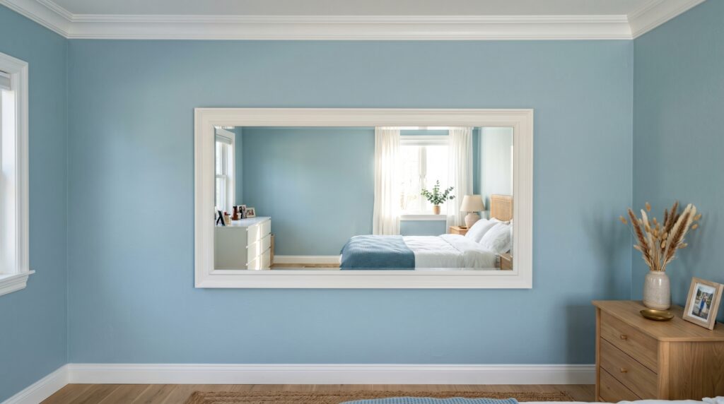 Modern horizontal mirror with a white frame on a light blue bedroom wall for a spacious interior look.