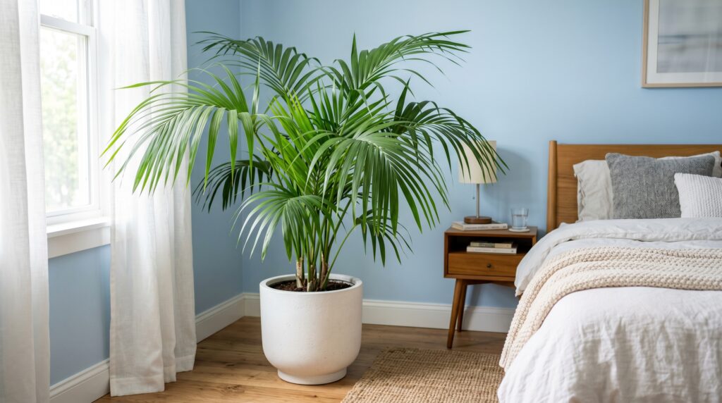 Large green palm plant in a white pot, coastal decor styling in a serene blue bedroom with mid-century furniture.