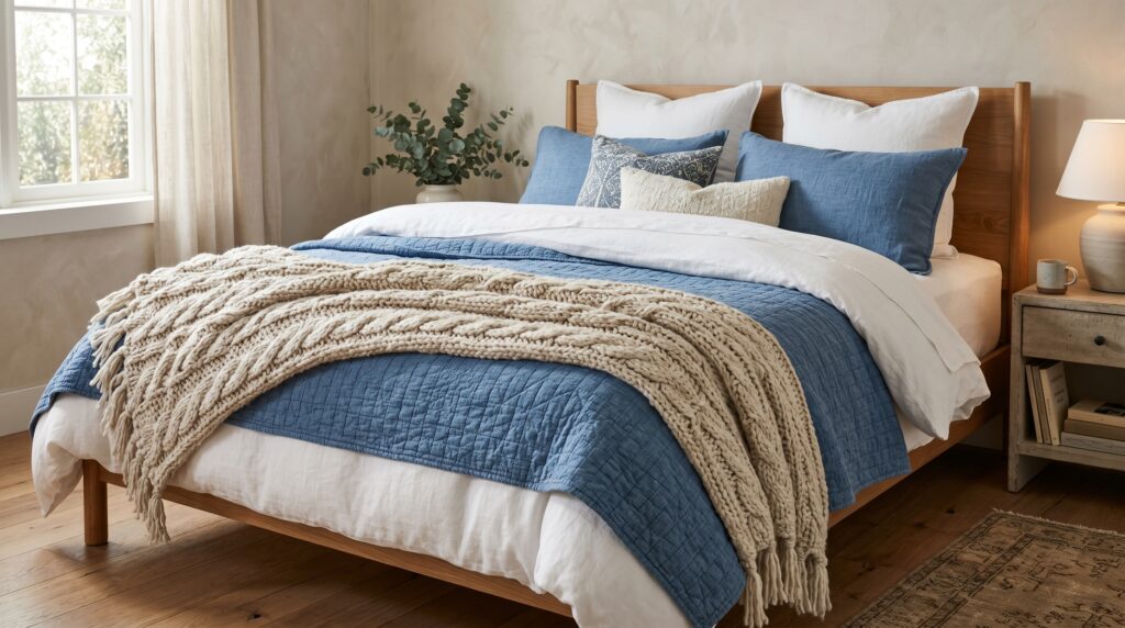 Layered coastal bedding with a blue quilt and chunky knit throw blanket on a natural wood bed frame.