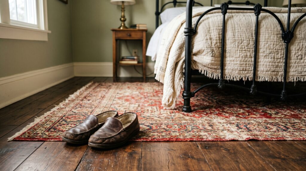 Brown leather slippers resting on a vintage Persian area rug next to a wrought iron bed in a cozy, rustic bedroom.