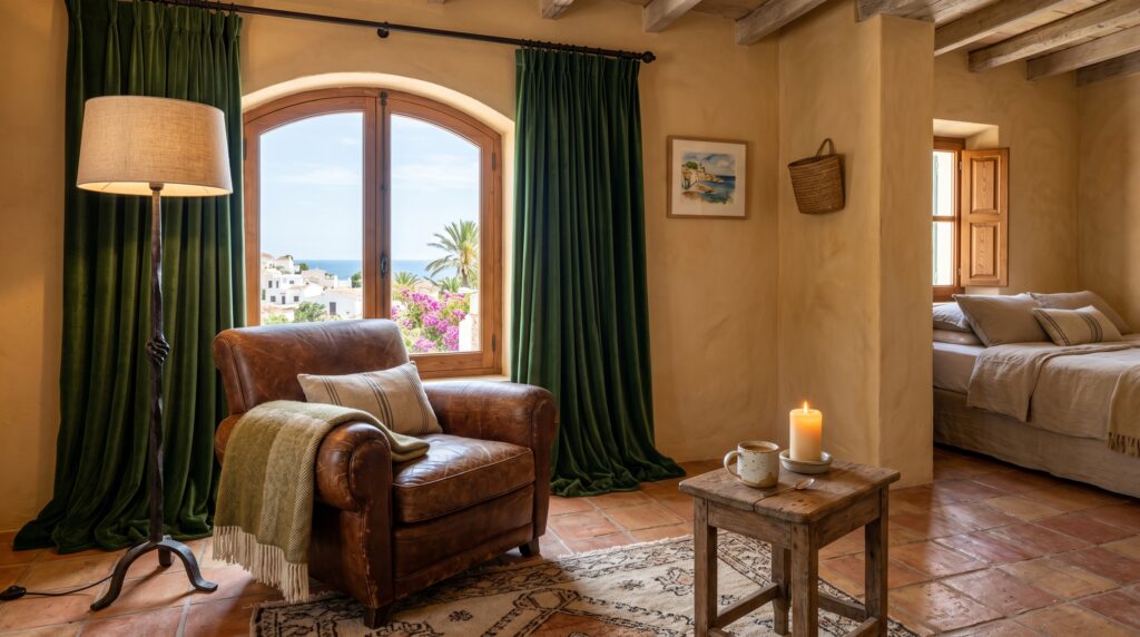 Mediterranean reading nook featuring a vintage leather armchair and green velvet curtains by an arched sea view window.