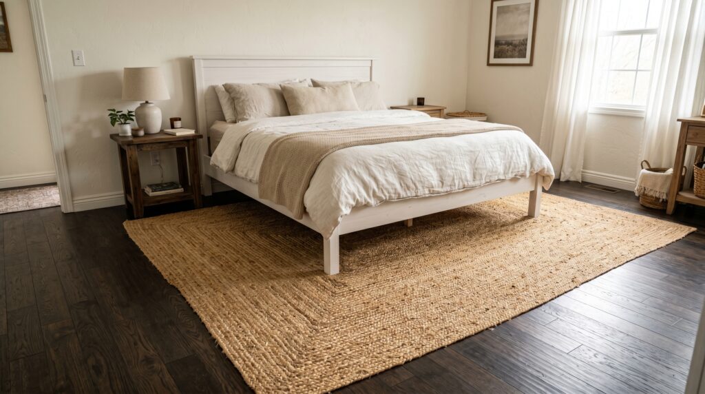 Minimalist modern bedroom with a white bed frame on a large natural jute rug for master bedroom styling.