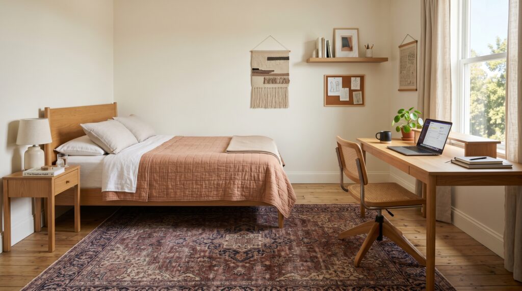 Bright minimalist bedroom with a wooden writing desk, laptop, and a boho style bed with a terracotta quilt.