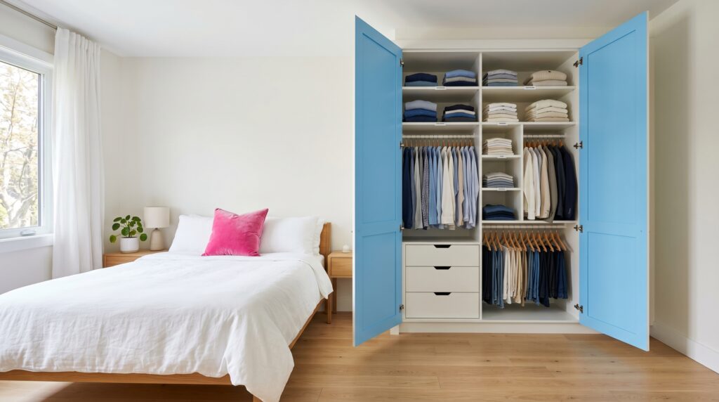 Bright modern bedroom featuring a neatly organized custom blue wardrobe with hanging clothes and a white bed.