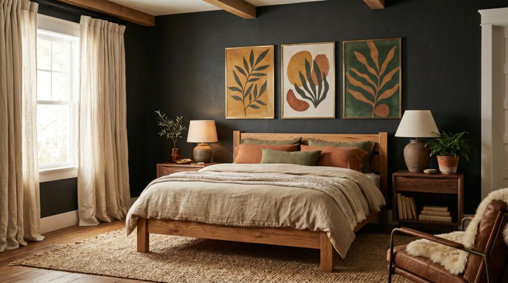 Modern bohemian master bedroom featuring dark walls, a light wood bed, and large botanical triptych art above the headboard.