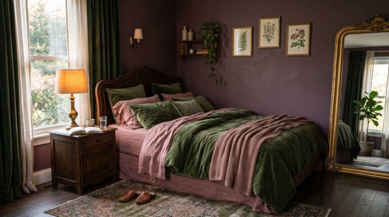 Moody dark bedroom with olive green velvet bedding and a vintage gold mirror against deep plum walls.