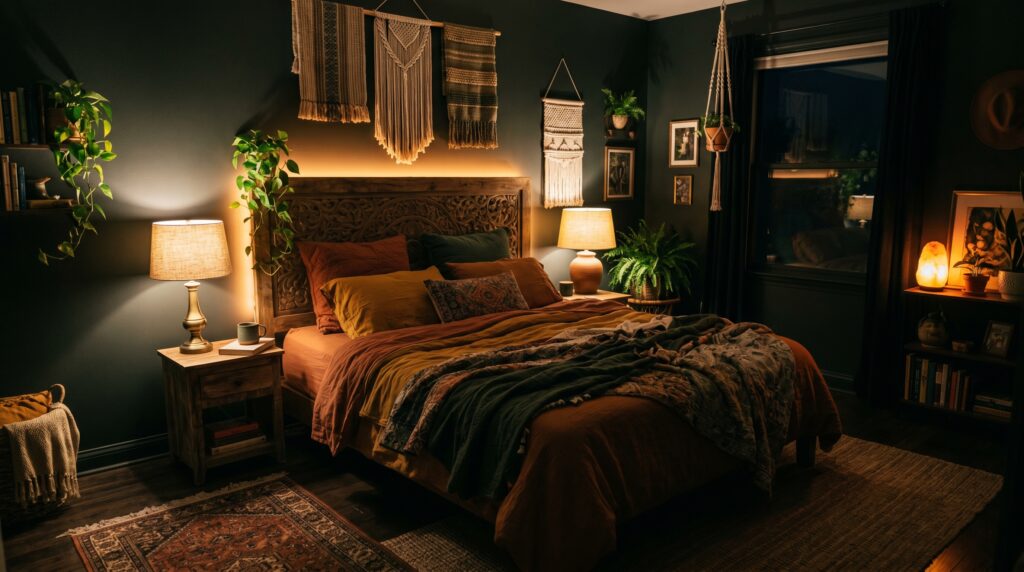 Moody bohemian bedroom at night with dark walls, a carved wood headboard, macrame wall hangings, and warm ambient lighting.