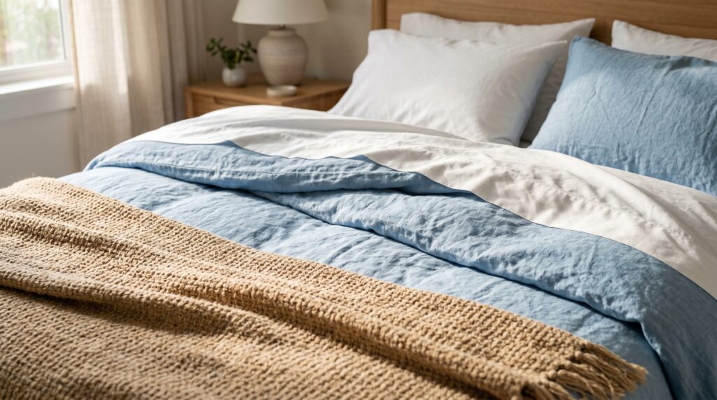 Natural linen bedding layers highlighting a blue duvet and chunky knit tan throw styled on a cozy bed.