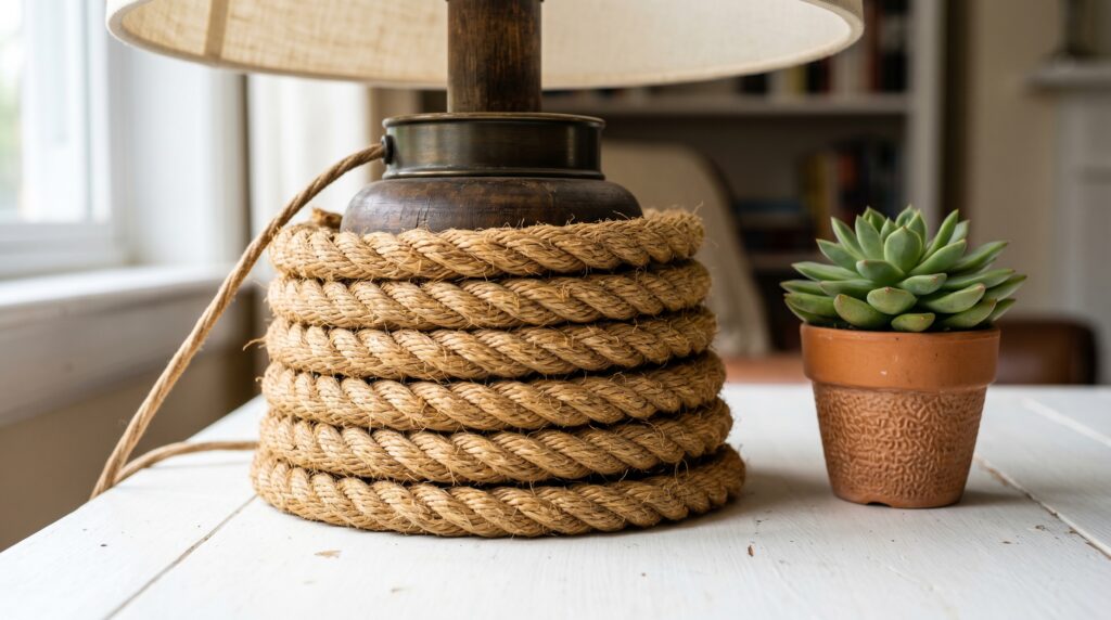 Thick rope wrapped table lamp base in a nautical style on a white wooden table with a small succulent plant.
