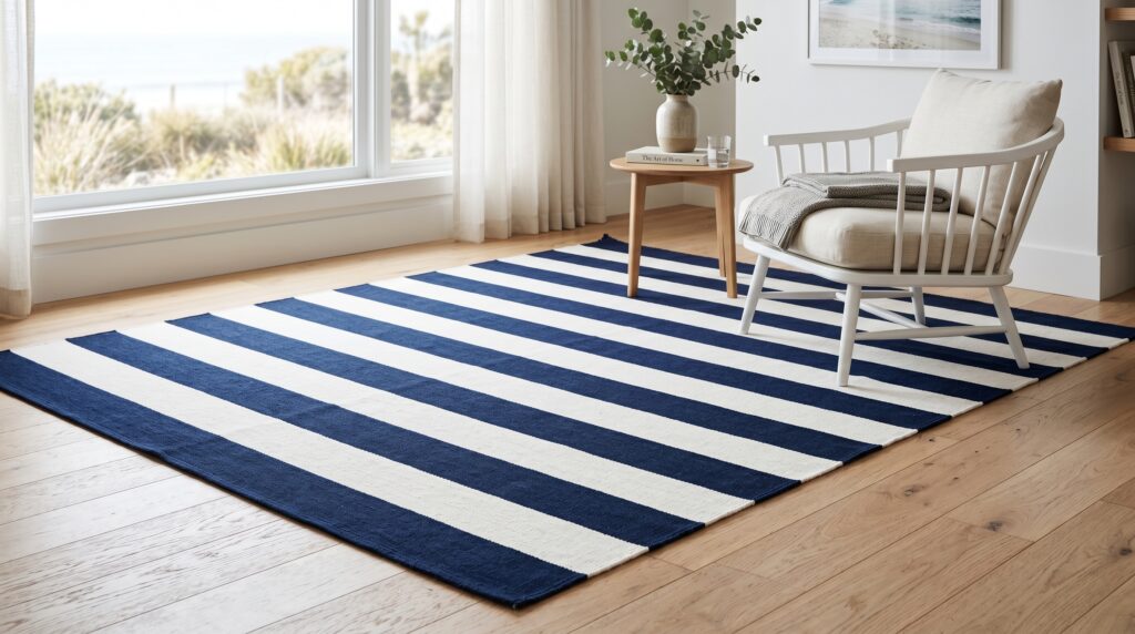 Navy and white striped rug in a minimalist coastal living room with a white wooden armchair and light hardwood floors.
