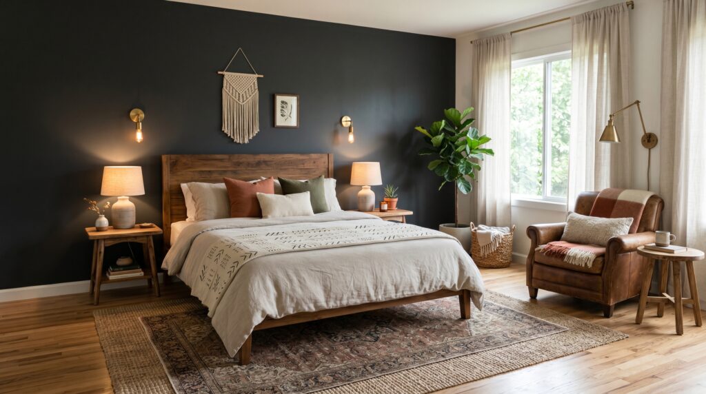Peaceful bohemian bedroom combining a dark accent wall, a patterned throw on the bed, a leather chair, and natural light.