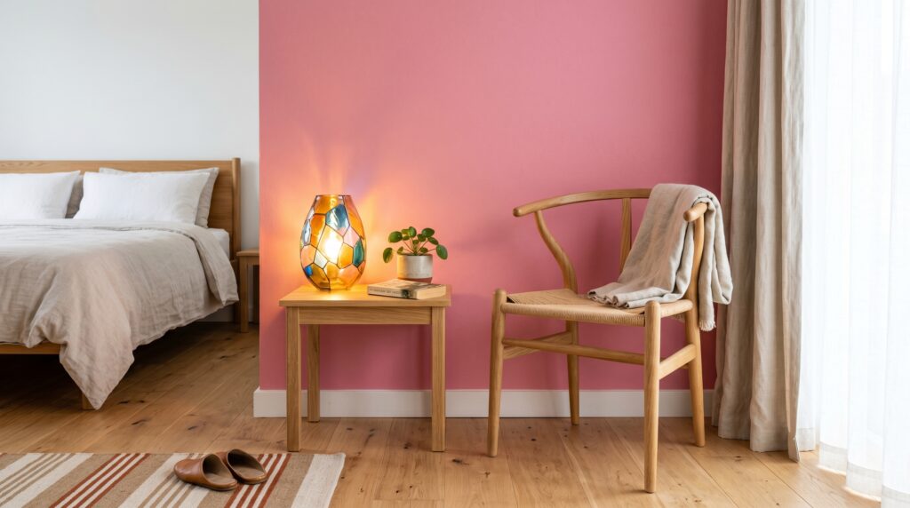 Minimalist bedroom corner showing a pink accent wall, wooden side table with a stained glass lamp, and a modern chair.