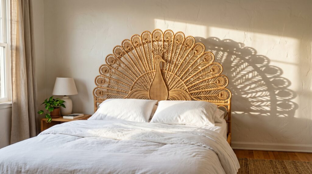 Vintage boho rattan peacock headboard with intricate woven detail in a sunlit coastal bedroom.