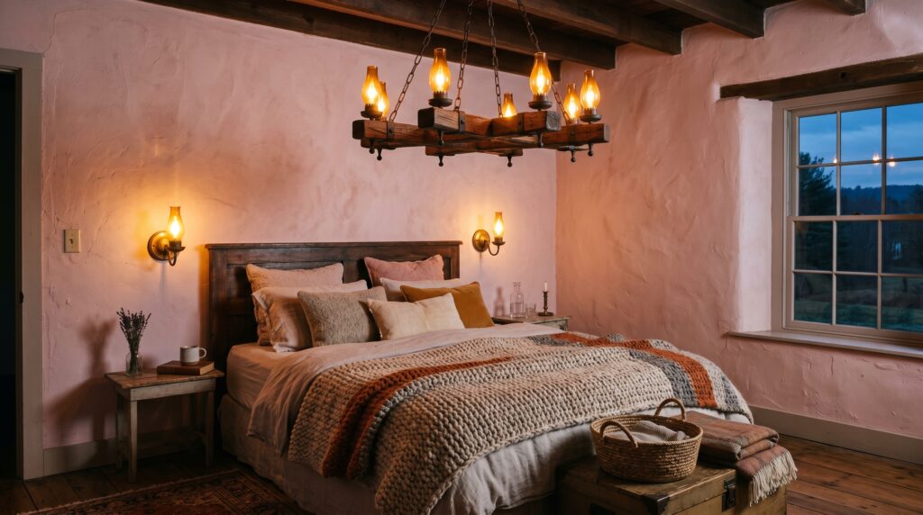 Cozy rustic cabin bedroom featuring pink plaster walls, a wooden chandelier, and a bed dressed in a chunky knit blanket.