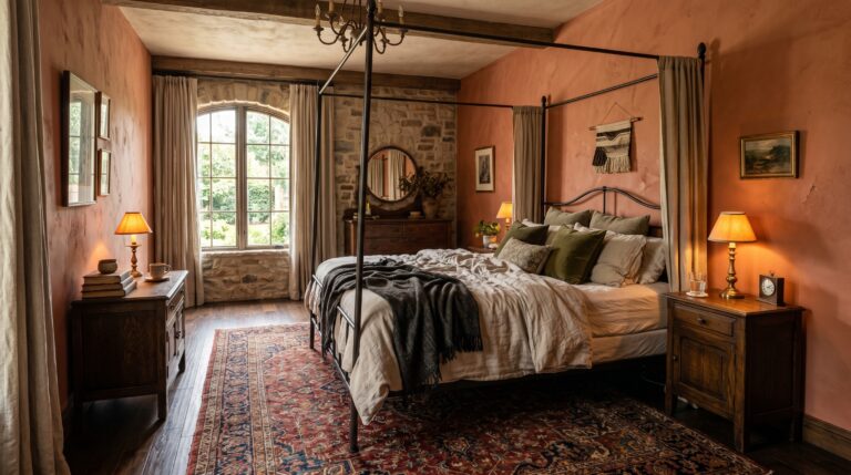 Rustic Mediterranean bedroom with a wrought iron canopy bed, terracotta walls, and a vintage Persian rug in a cozy home.
